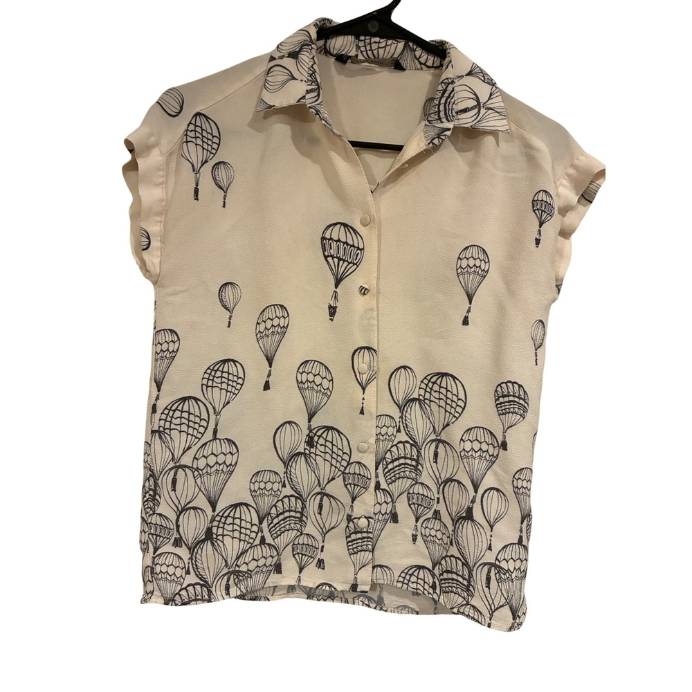 Zara Basic Women Cream Hot Air Balloon Print Short Sleeve Button Up Shirt Small - Picture 2 of 7